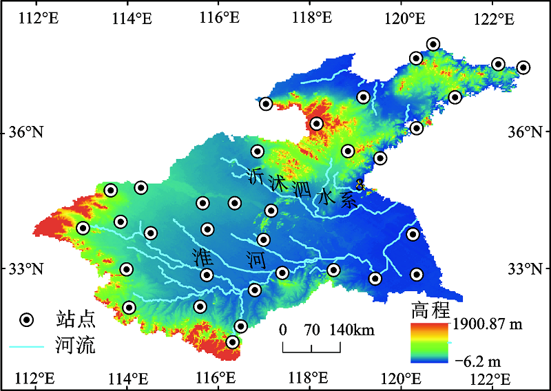 1  淮河流域范围及气象站点位置             